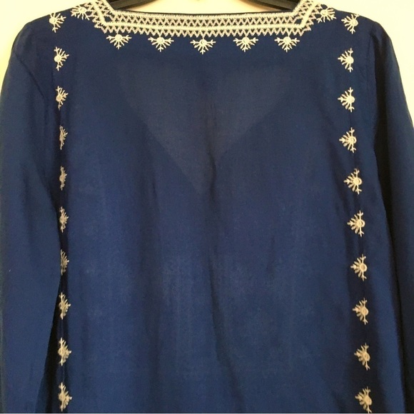 Lucky Brand Boho Embroidered Navy Blue 3/4 Long Sleeve Blouse Tunic - Picture 5 of 16